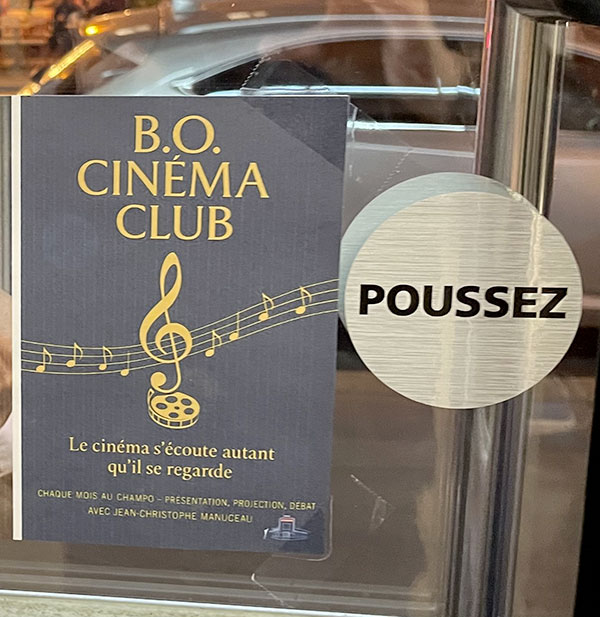 Vitrine du cinéma Le Champo annonçant le B.O. Ciné-Club